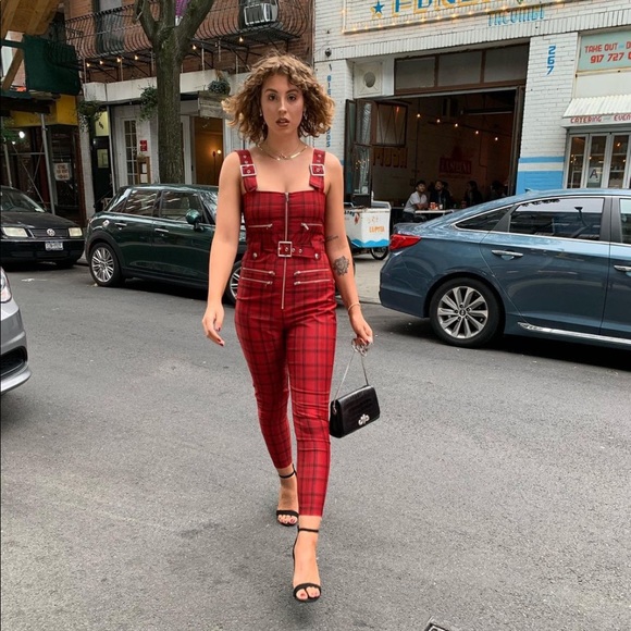 WeWoreWhat Moto Overalls in Red Plaid - Picture 5 of 16